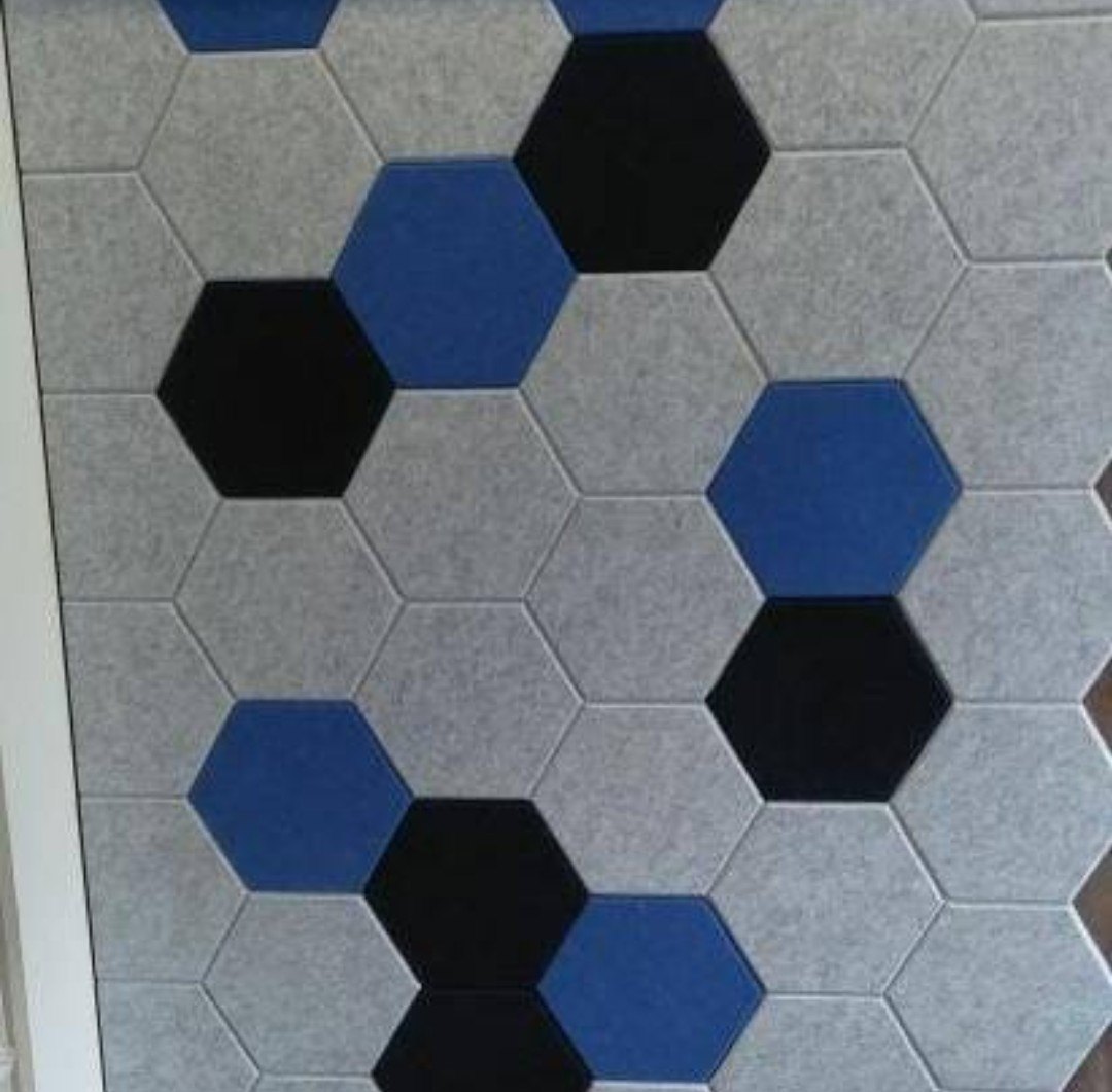 Hexagon acoustic felt tiles in grey, blue and black
